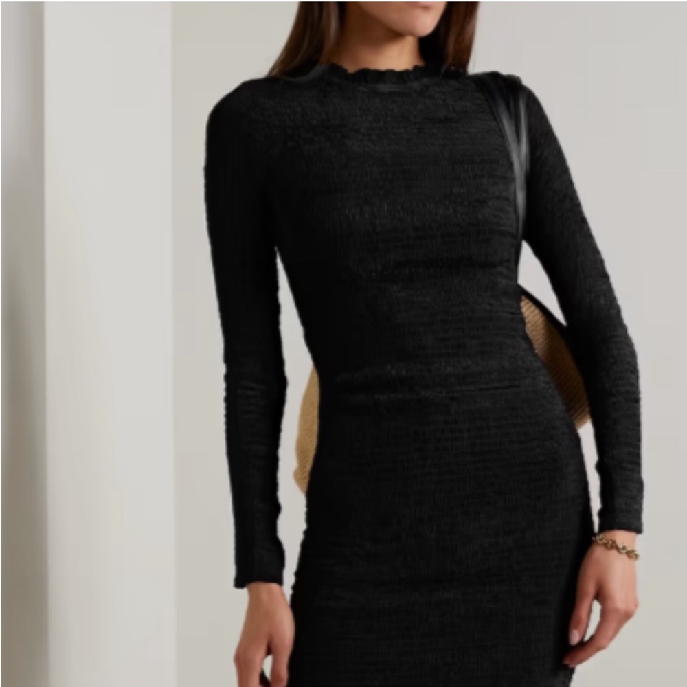 Apiece Apart Suenos Black Smocked Midi Long Sleeve Dress Bodycon Sz XS